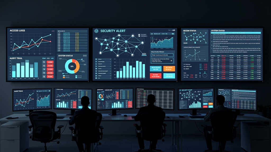 Multiple digital screens in a control room showing data visualizations and security alerts, representing security monitoring and auditing.