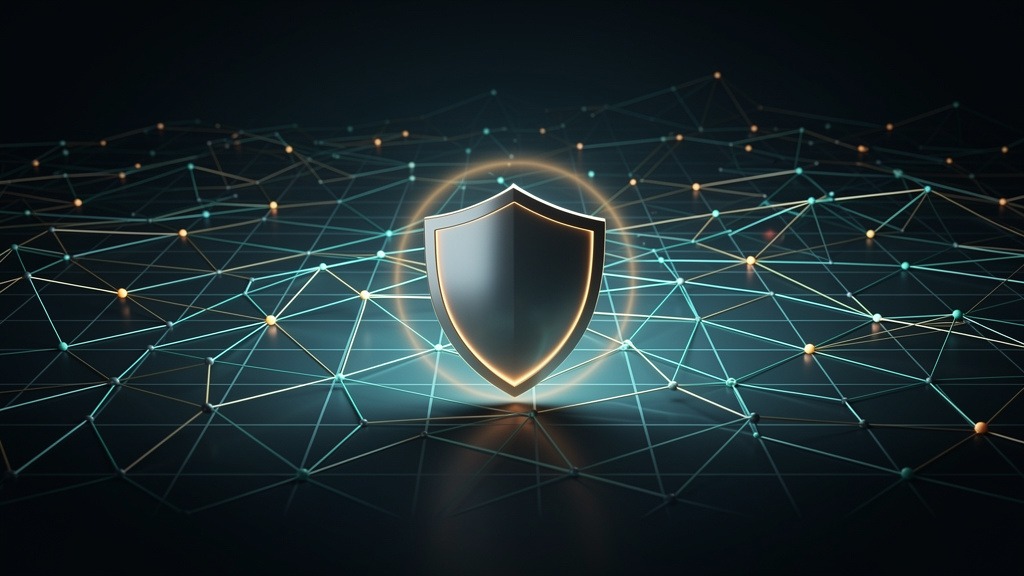 Abstract digital network with a glowing shield icon, symbolizing cybersecurity and incident response in digital signage systems.