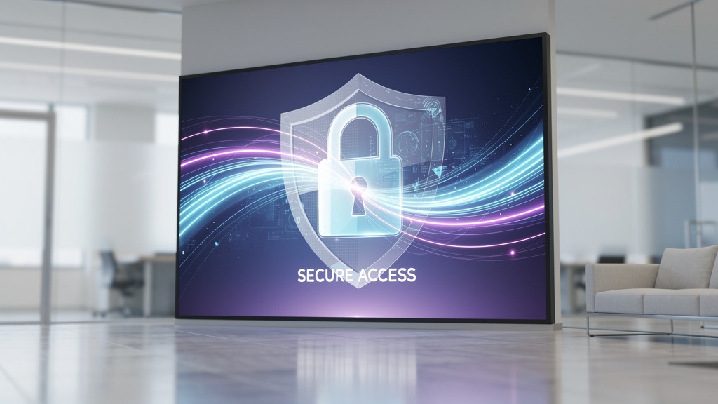Digital signage screen with a padlock symbol, illustrating cybersecurity and protection for digital displays.