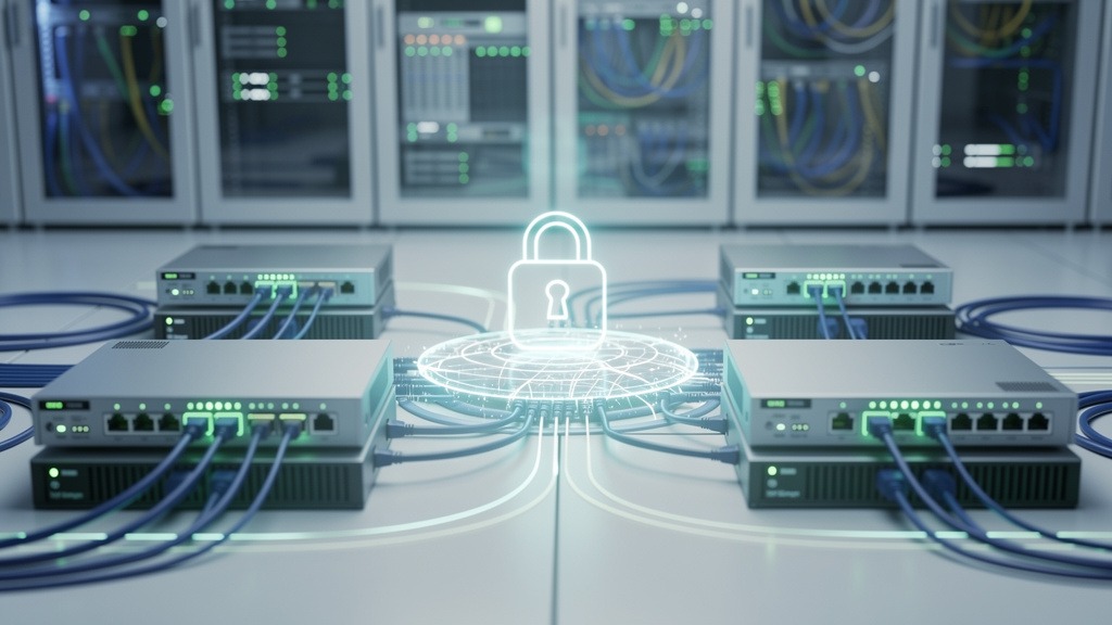 Interconnected network devices in a server room, glowing with green light, with a prominent padlock icon, symbolizing a securely configured digital signage network.