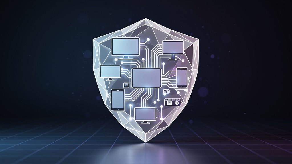 A glowing blue and purple digital shield encompassing a network of interconnected screens, symbolizing protection for digital signage infrastructure.