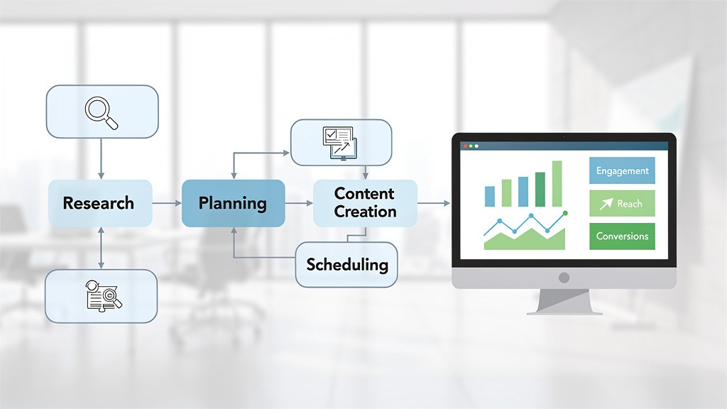 Illustration of a content strategy flowchart, showing steps from planning to deployment on a digital screen, with interconnected visual elements.