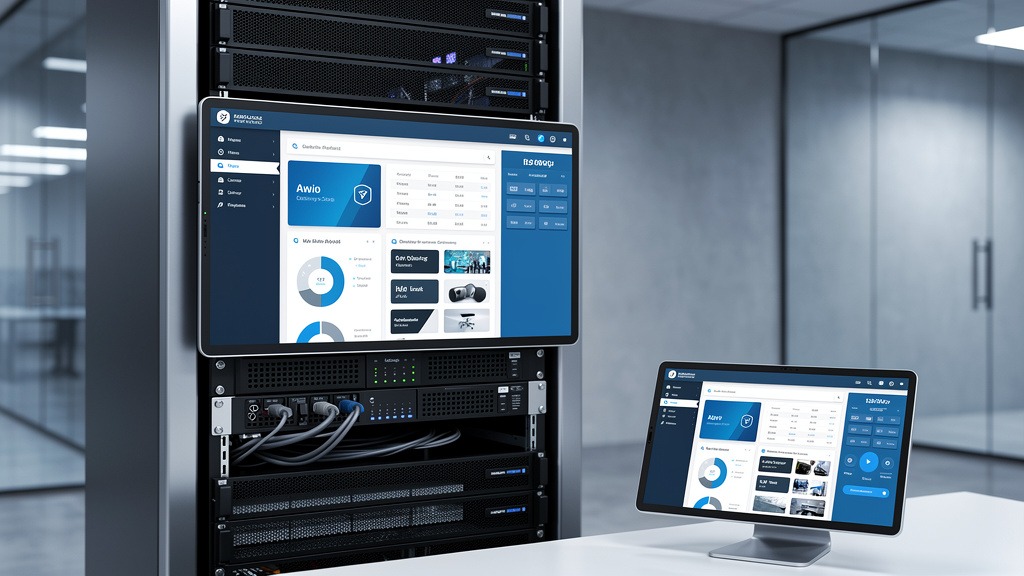 Realistic image of a modern digital signage screen connected to a server rack, with a tablet displaying content management software.