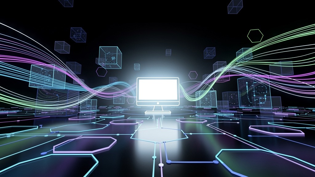 Abstract illustration showing glowing lines connecting to a digital screen, symbolizing content creation and data flow for digital signage.