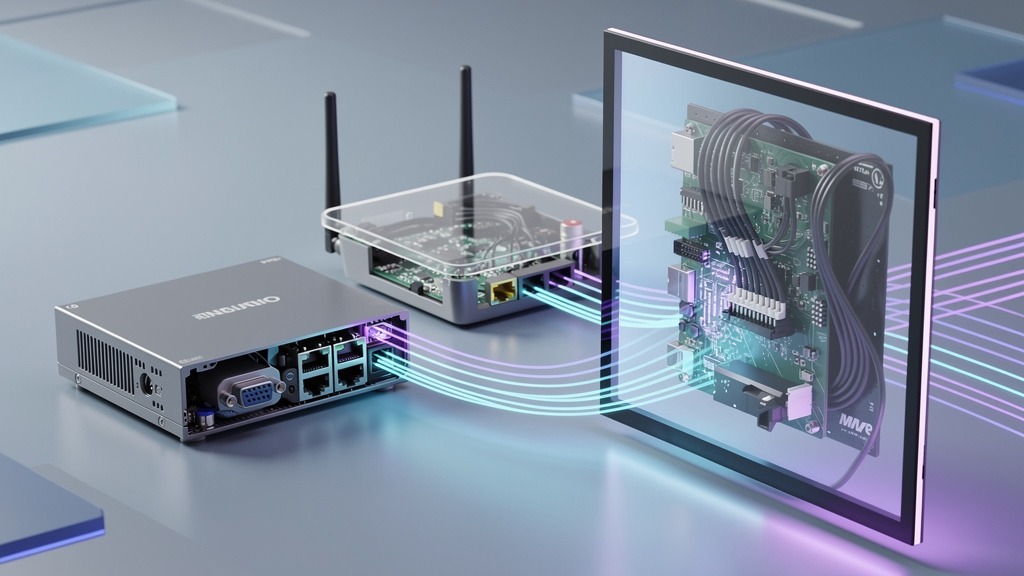 A 3D illustration of digital signage components, including a screen, media player, and network device, connected by glowing data lines.