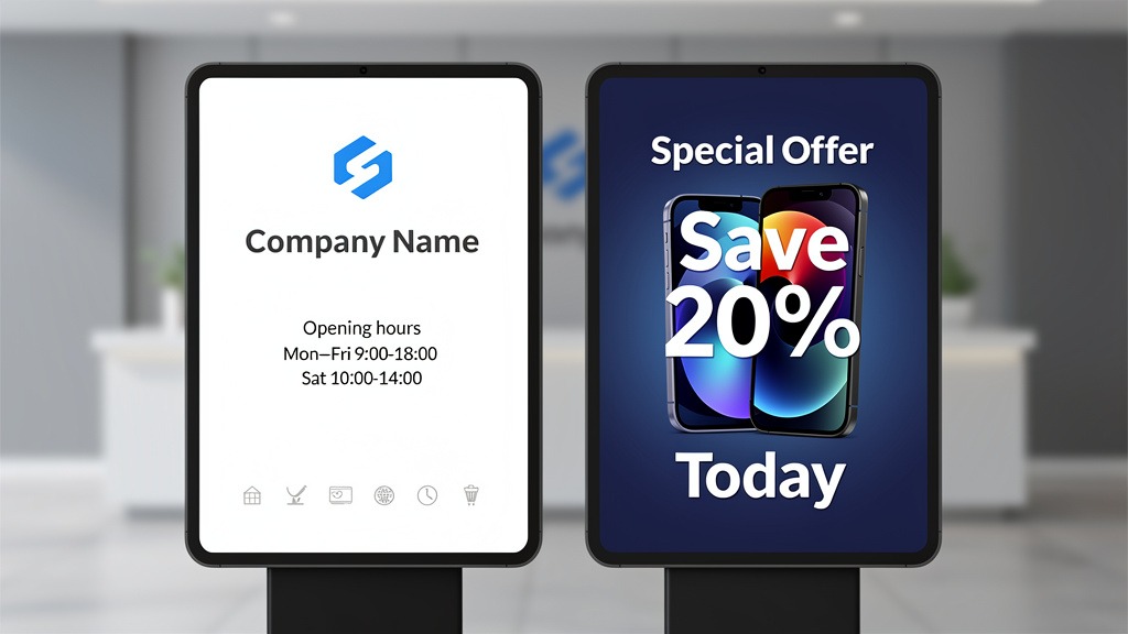 An illustration showing two digital screens; one with simple informational content (signage) and another with promotional content (advertisement), highlighting their difference.