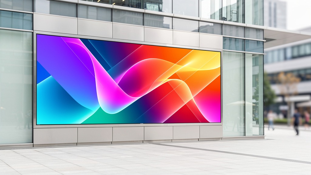 A large, vibrant digital display screen embedded in a modern building, showing colorful abstract patterns in an urban setting.