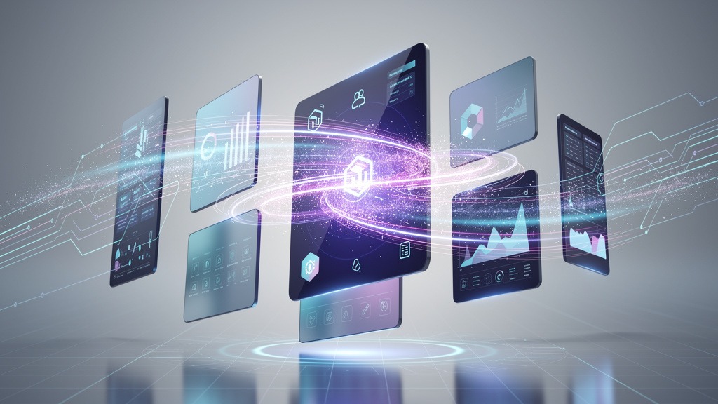Abstract visualization of digital content flowing across interconnected screens, representing content scheduling for digital signage.