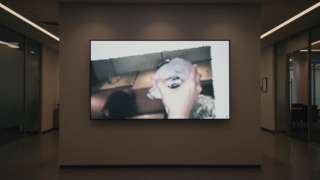 Digital screen displaying a blurry, pixelated, and poorly cropped image, symbolizing common mistakes in creating digital signage content.