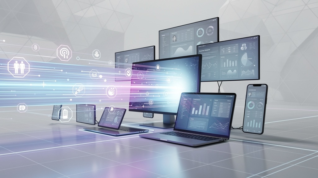 Abstract representation of digital content flowing into multiple screens, symbolizing effective visual content for digital signage.