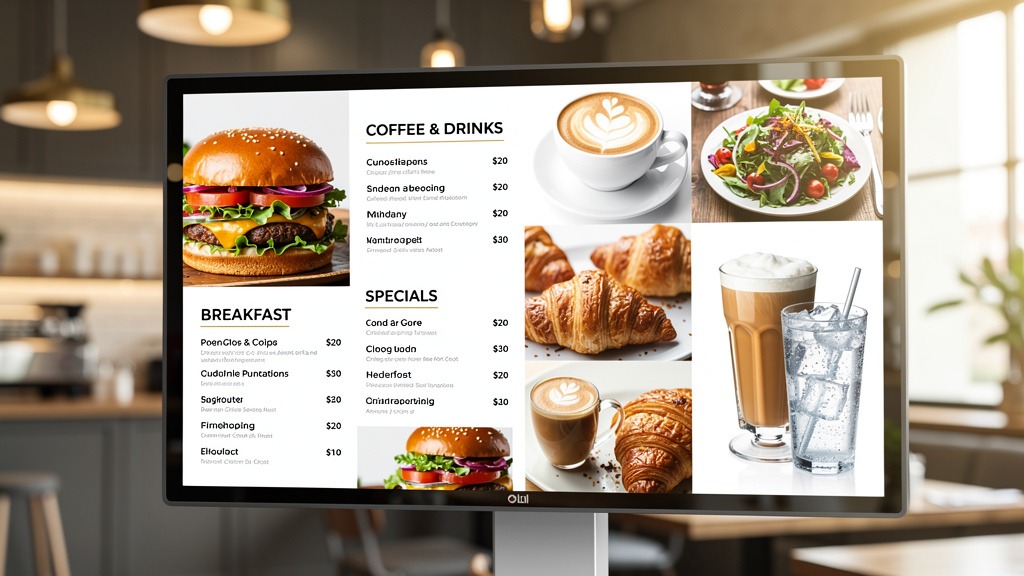 Digital menu board in a restaurant displaying appetizing food and drink photography.