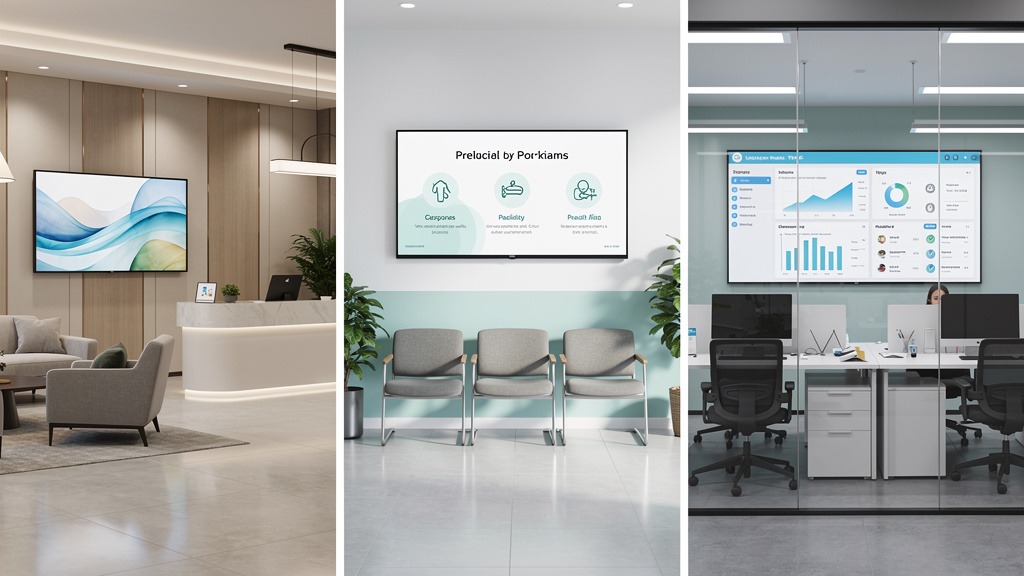 Digital signage in a hotel lobby, medical waiting room, and office, showcasing varied content for different professional settings.