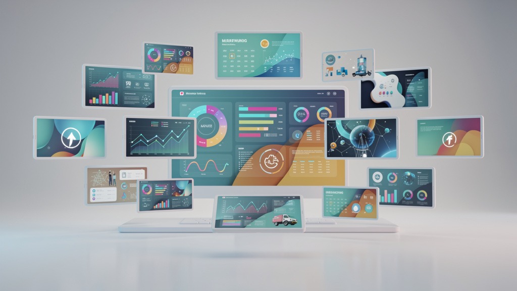 Digital screens displaying diverse content, representing different business sectors for digital signage.