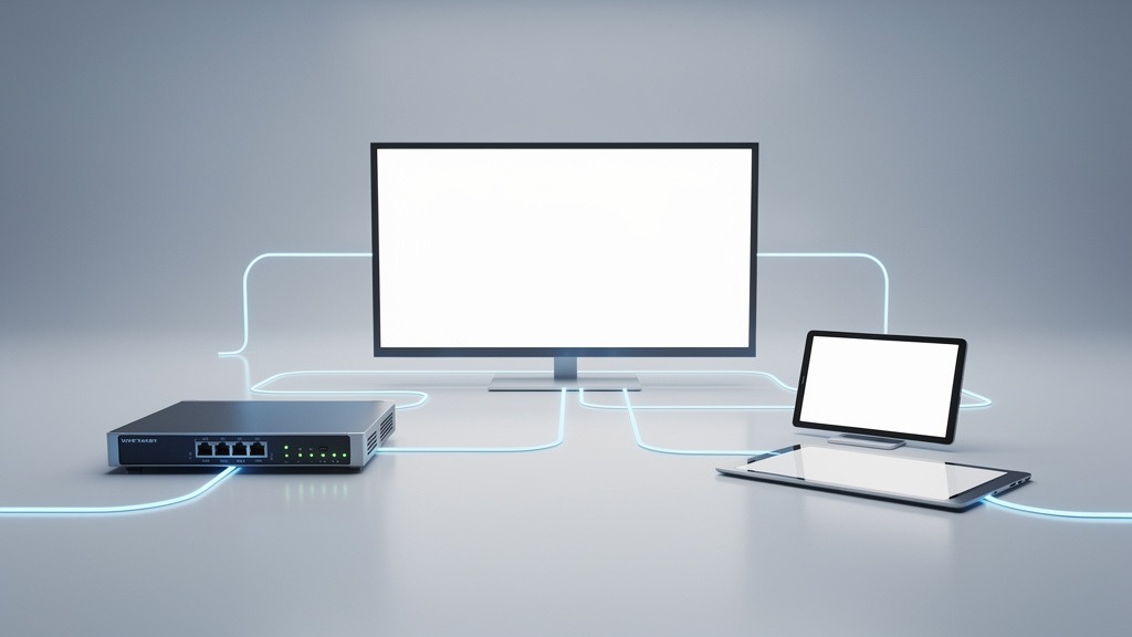 Abstract representation of digital signage components, including a screen, router, and tablet, connected by glowing lines.