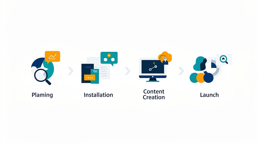 Infographic illustration showing a step-by-step plan for implementing digital signage, represented by abstract icons.