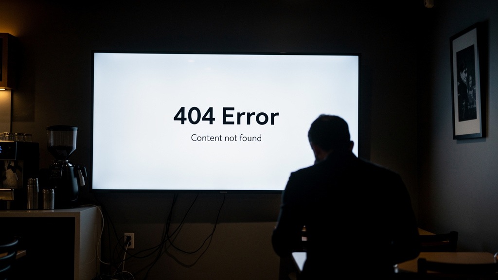 A digital signage screen displaying an error message, with a silhouetted person observing it, symbolizing common technical problems.