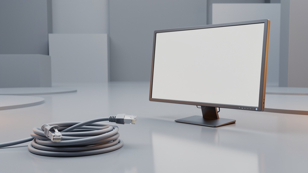 Abstract 3D rendering depicting common digital signage installation errors, such as a misaligned screen or tangled wires.