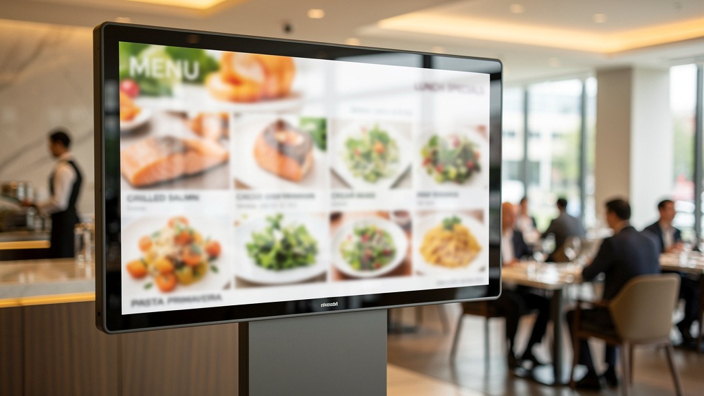 A sleek digital menu board in a modern restaurant, displaying vibrant food items, reflecting the dynamic atmosphere.