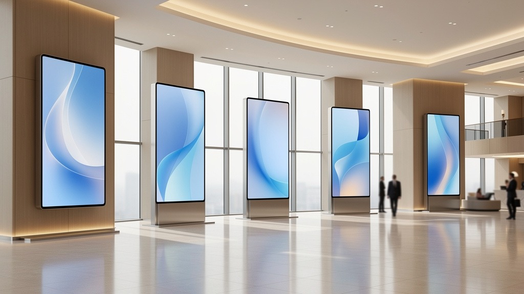 Digital signage screens integrated into a modern hotel lobby, showcasing abstract visuals.