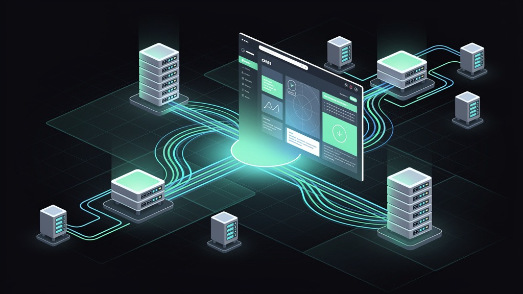 Abstract illustration of glowing network lines connecting server icons to a stylized content management system dashboard, representing digital connectivity.