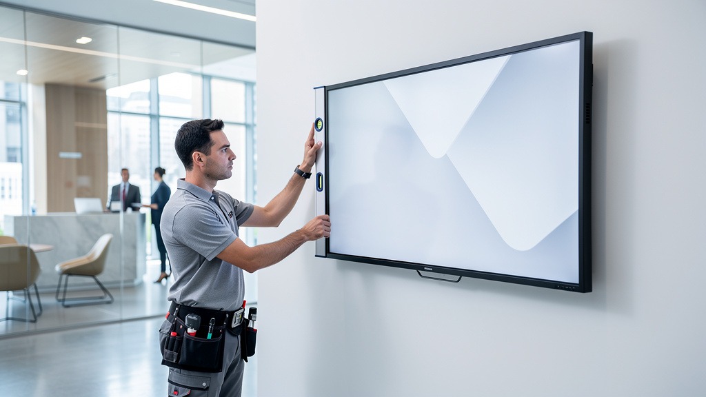 A technician carefully installing a modern digital signage display on a wall in a contemporary office setting.
