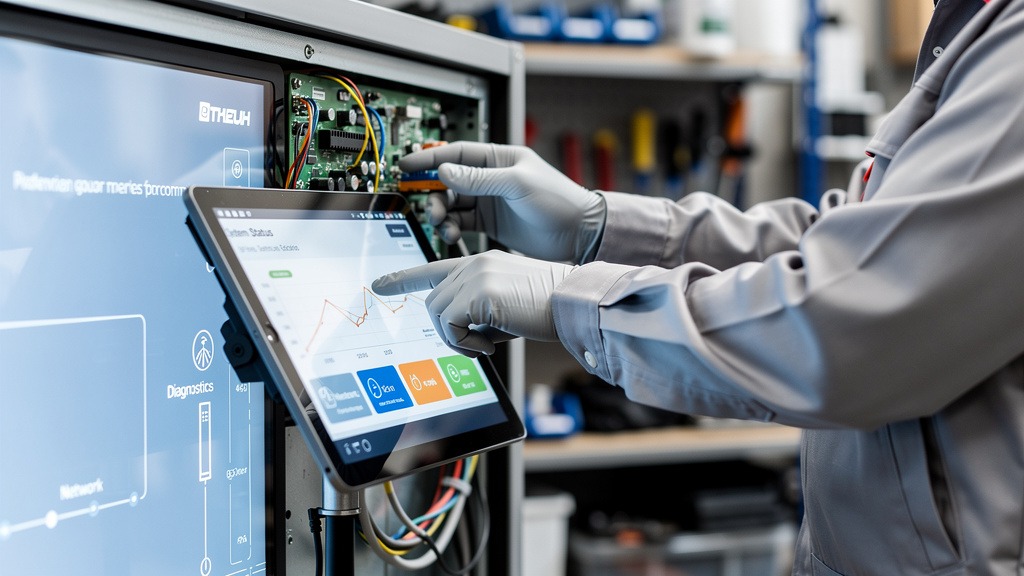 A technician's hands diagnosing a digital signage screen, with internal components or diagnostic software visible.