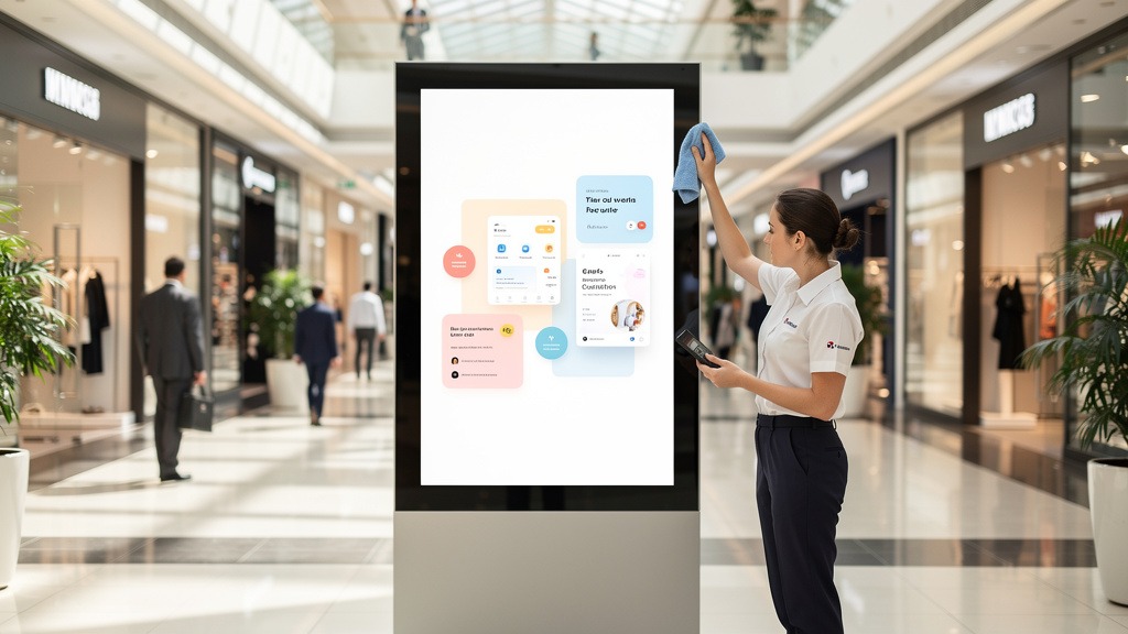 A clean, perfectly functioning digital signage screen in a commercial space, being subtly maintained by a worker.