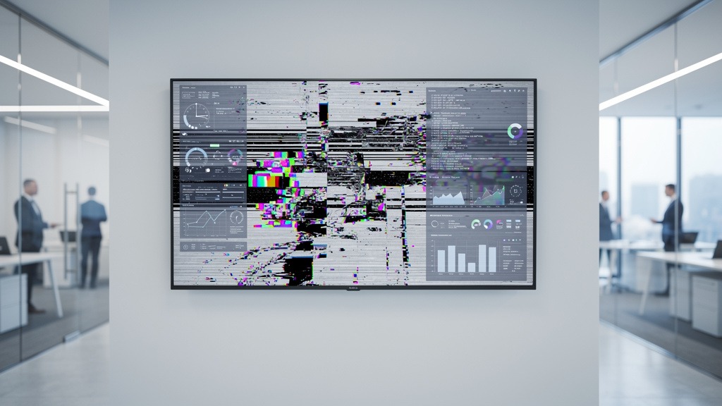 A digital signage screen showing a glitching display, suggesting common malfunctions, set in a modern office.