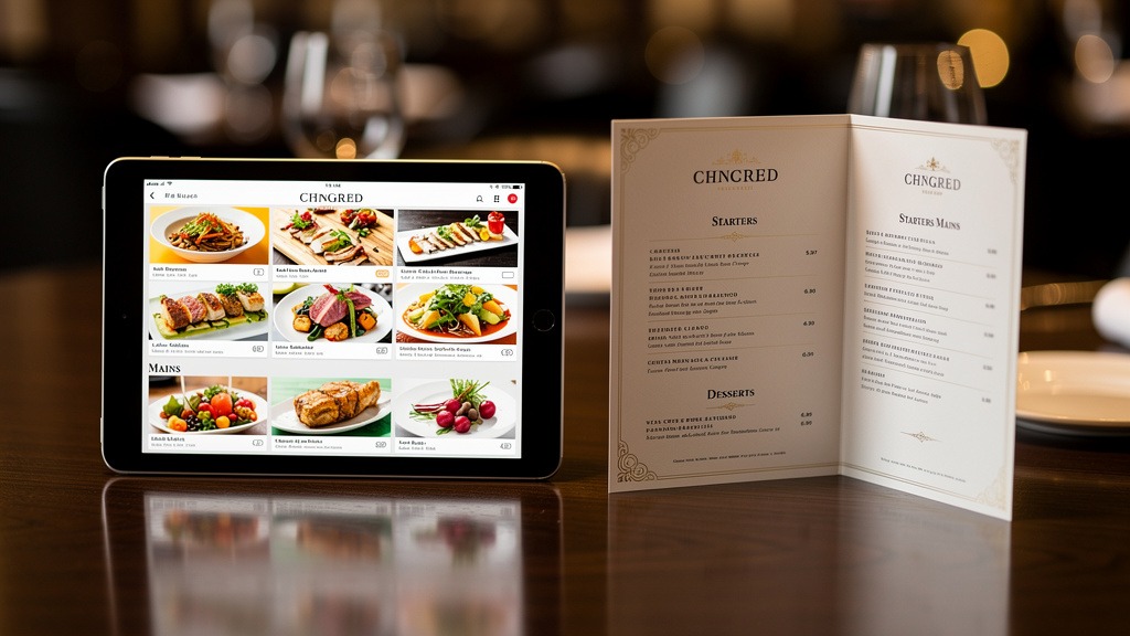 A sleek tablet showing a digital menu next to a traditional paper menu on a restaurant table, illustrating the comparison.
