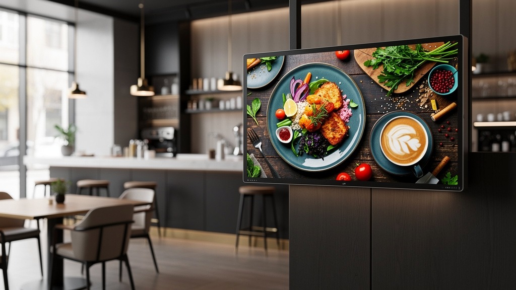 A large, bright digital menu board displaying colorful food images in a modern cafe setting.