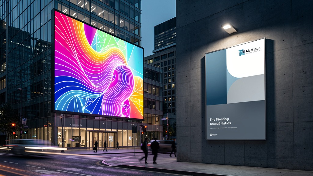 A brightly lit digital billboard next to a traditional static poster on a city street at dusk, showcasing the difference between modern and conventional advertising.