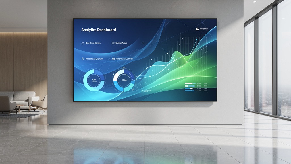 A large, modern digital signage screen displaying colorful abstract graphics in a bright, minimalist corporate lobby.