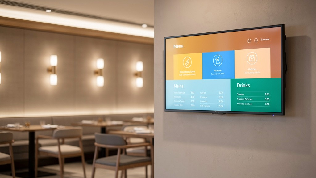 A modern digital menu screen displaying a colorful, abstract menu interface in a stylish restaurant setting.