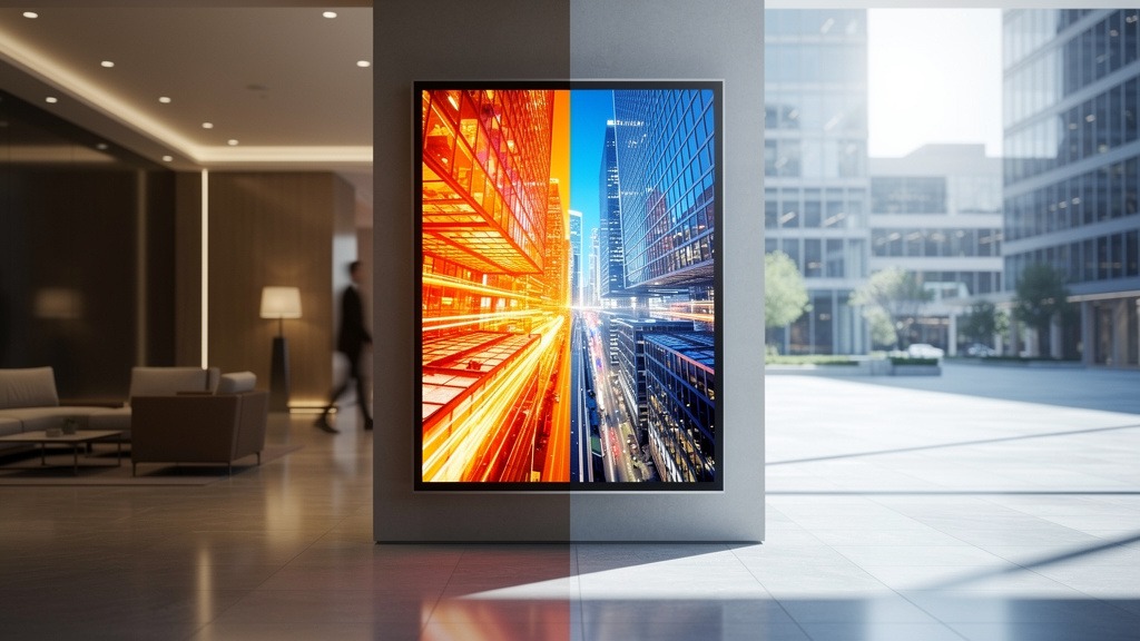 A digital signage display exhibiting high brightness, positioned between an indoor and outdoor environment to illustrate varying light conditions.