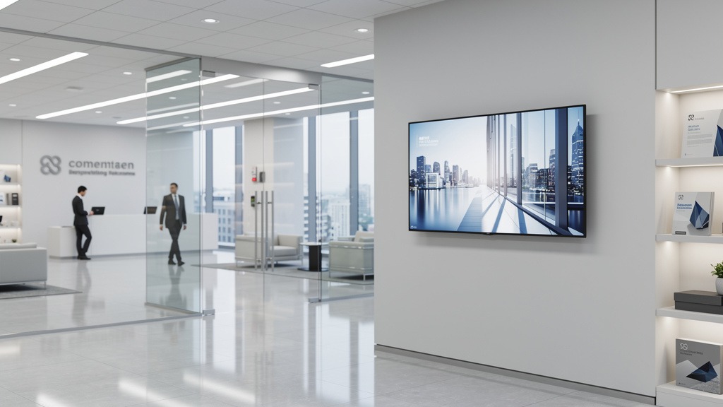 A digital signage display in a retail environment exhibiting common installation errors, such as screen glare or an awkward viewing angle.