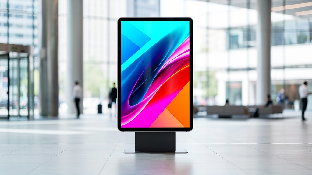 A large, modern digital signage screen displaying colorful abstract art in a bright, contemporary urban setting.