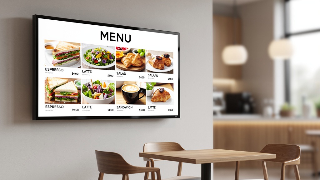 A large, modern digital menu board showcasing colorful, appealing food dishes in a stylish restaurant setting.